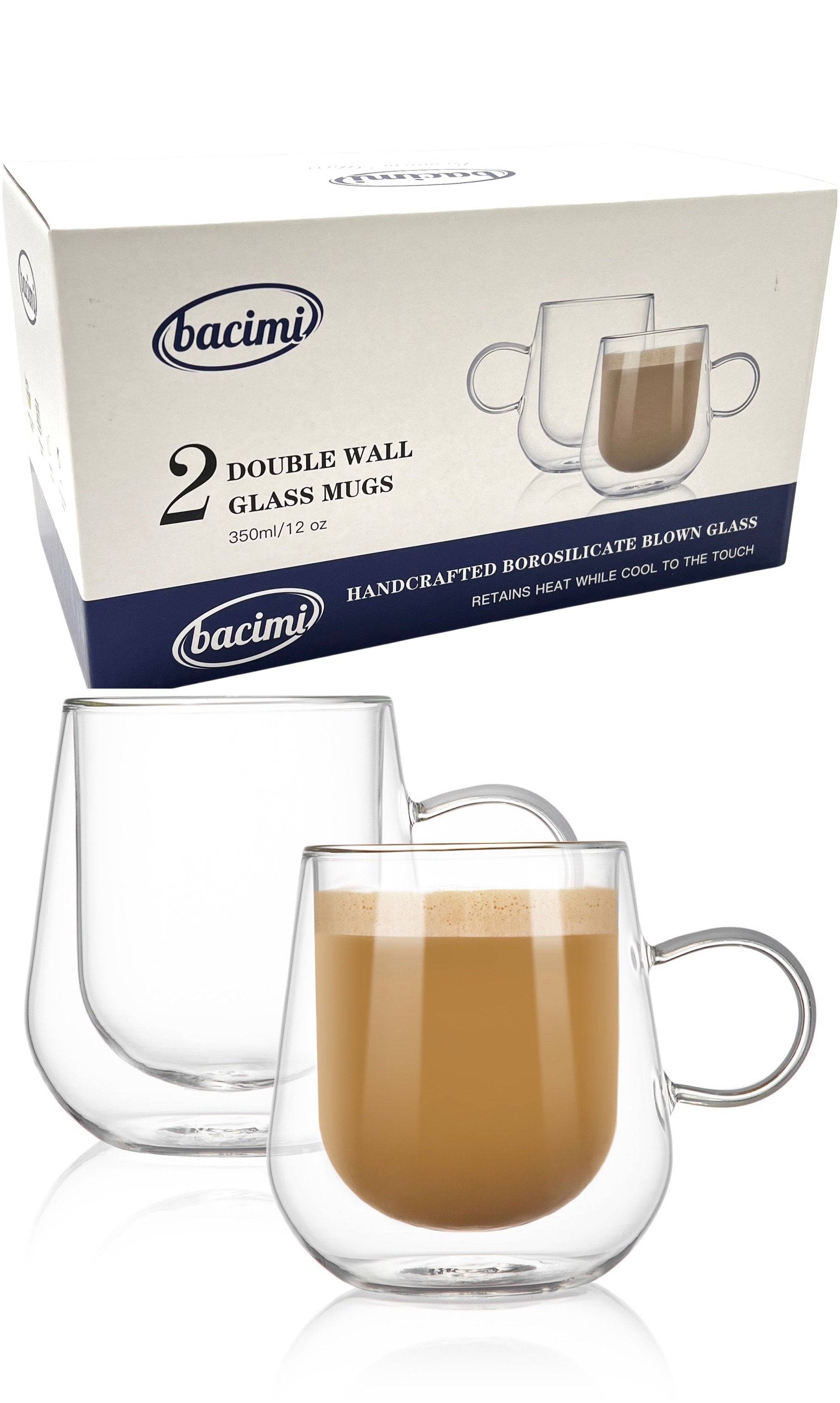 Bacimi Double Wall Insulated Coffee Mugs Set of 2 / 12oz - Clear Borosilicate Mug with Handle - Thermal Drinking Cups for Espresso, Cappuccino, Latte, Tea, Hot Beverage, Wine - Microwave Safe
