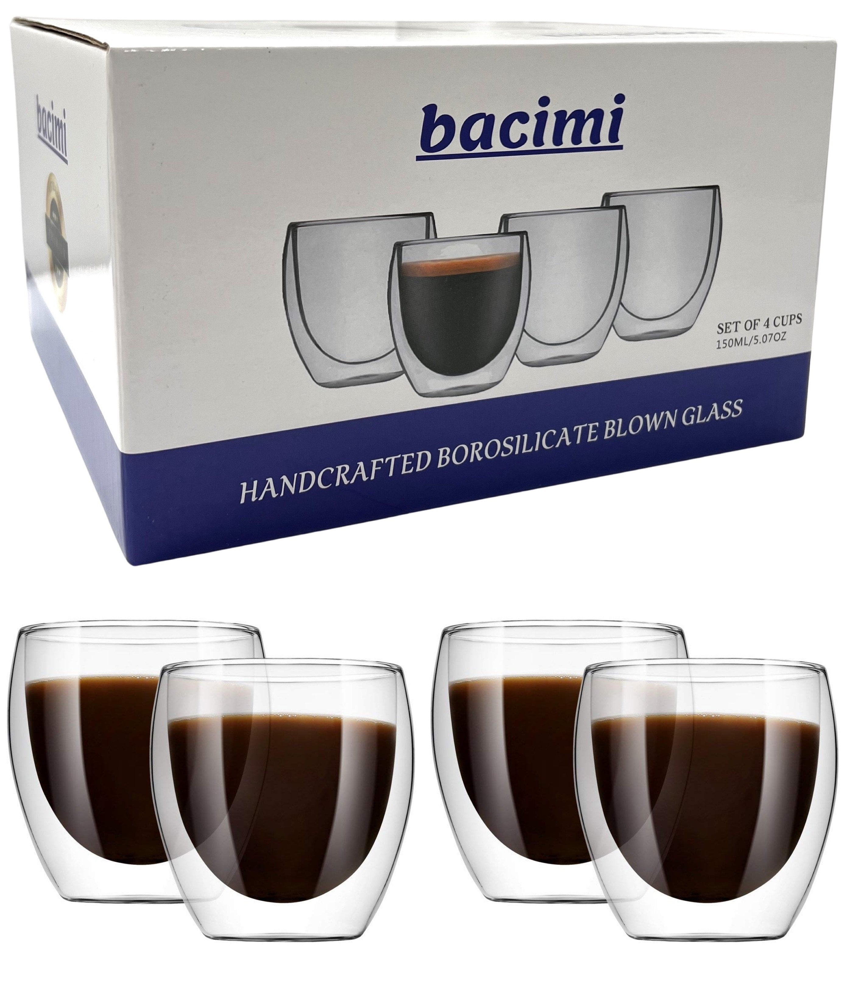 Bacimi Double Wall Insulated Coffee Mugs Set of 4 / 5oz - Clear Borosilicate Cups - Thermal Drinking Cups for Espresso, Cappuccino, Latte, Tea, Hot Beverage, Wine - Microwave Safe