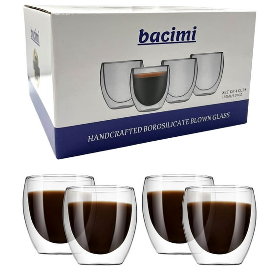 Bacimi Double Wall Insulated Coffee Mugs Set of 4 / 5oz - Clear Borosilicate Cups - Thermal Drinking Cups for Espresso, Cappuccino, Latte, Tea, Hot Beverage, Wine - Microwave Safe