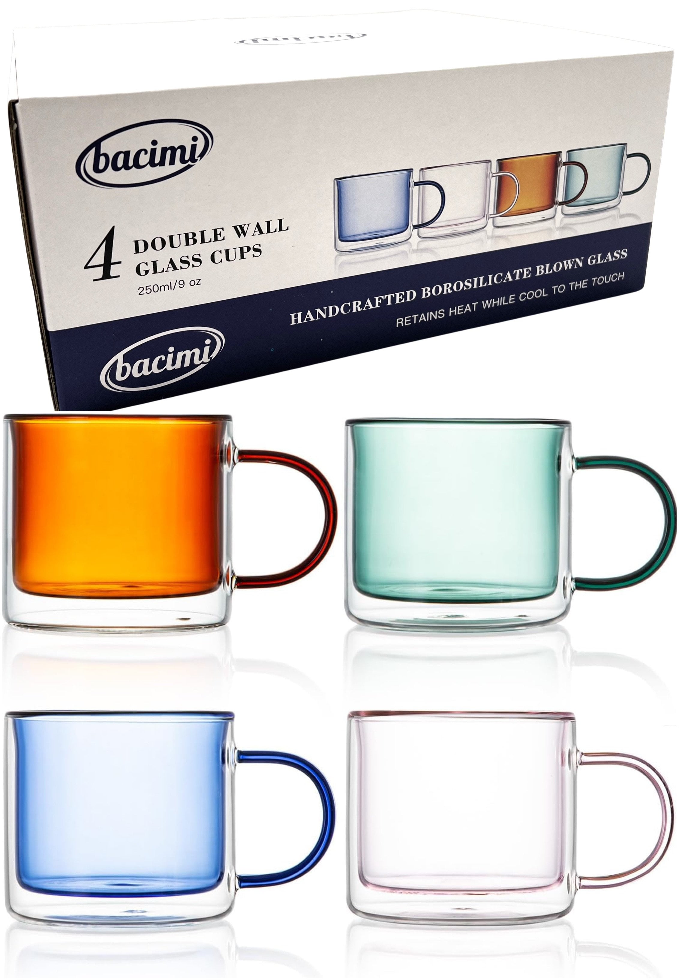 Set of 4 Multicolor Double Wall Insulated Glass Coffee Mugs