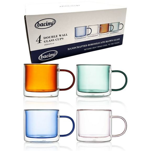 Bacimi Double Wall Insulated Coffee Mugs Set of 4 / 9oz - Clear Borosilicate Mug with Handle - Thermal Drinking Cups for Espresso, Cappuccino, Latte, Tea, Hot Beverage, Wine - Microwave Safe