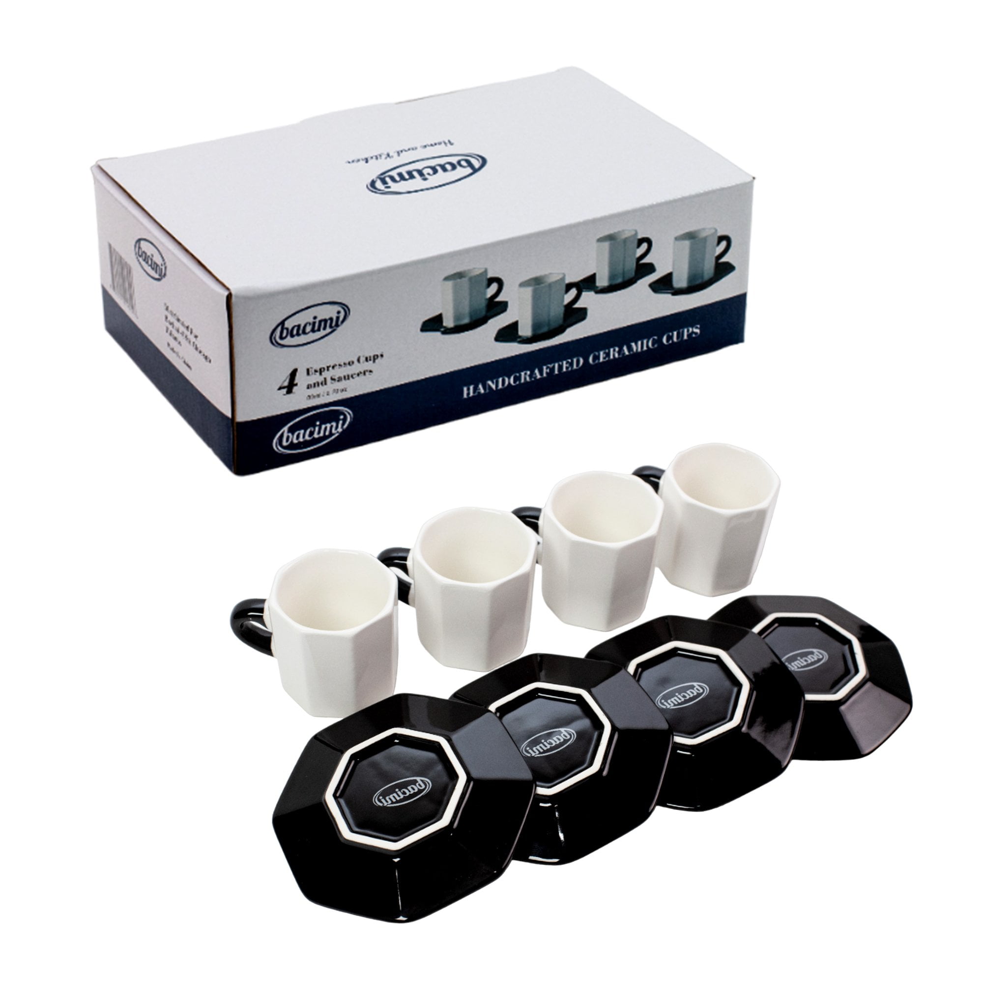 Bacimi White and Black Ceramic Espresso Cups with Saucers, 2.7oz