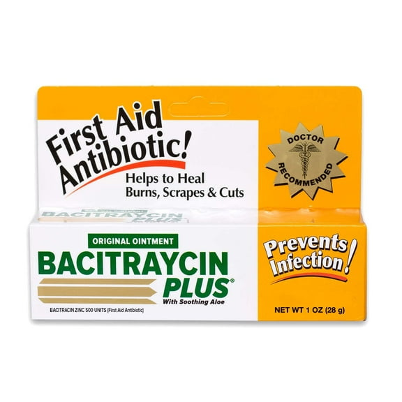 Bacitraycin Plus First Aid Antibiotic Wound Healing Ointment for Minor Cuts, Scrapes and Burns, with Bacitracin Zinc and Moisturizing Aloe Vera, Original, 1 oz, 2 Pack