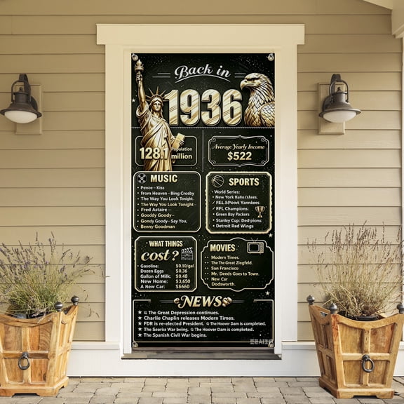 Back in 1936 Front Door Banner, 90th Birthday Decorations for Men Women, Black Gold 90 Years Old Birthday Door Cover, Reusable Fabric Backdrop Birthday Party Supplies