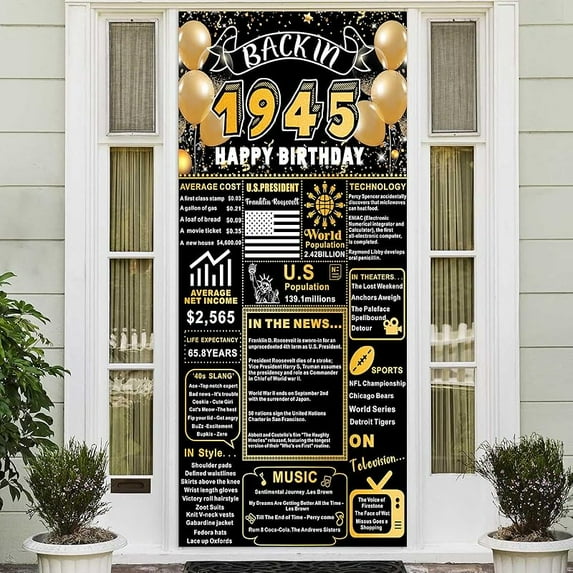 Back In 1945 Gold and Black 80th Birthday Decorations Banner Happy 80th Birthday Door Banner Vintage Birthday 80 Years Ago Theme Door Cover 80th Gifts for Man and Woman 80th Birthday Party Supplies