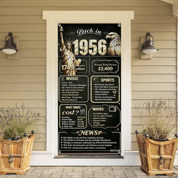 Back in 1956 Front Door Banner, 70th Birthday Decorations for Men Women, Black Gold Vintage 70 Years Old Birthday Door Cover, Reusable Fabric Backdrop Indoor Outdoor Birthday Party Supplies
