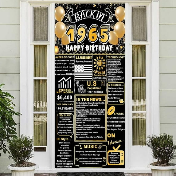 Back In 1965 Gold and Black 60th Birthday Decorations Banner Happy 60th Birthday Door Banner Vintage Birthday 60 Years Ago Theme Door Cover 60th Gifts for Man and Woman 50th Birthday Party Supplies