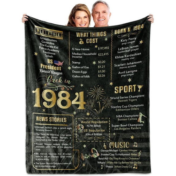 Back in 1984 Birthday Poster Blanket for Women Men, Black Gold 40th Birthday Gifts Idea for Mom Dad Grandpa Grandma Uncle Aunt, 40 Year Old Soft Throw Blanket 50" × 60" for Bed Sofa