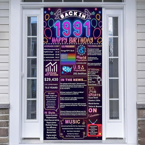 Back In 1991 34th Birthday Decorations Happy 34th Birthday Banner Backdrop Vintage Birthday 34 Years Ago Theme Decor 34th Gifts for Man and Woman 34th Birthday Party Supplies Neon