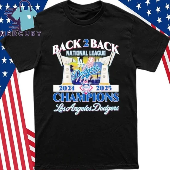 Back 2 Back National League 2024-2025 Champions Dodgers T-Shirt ,Black Color,Size 2XL