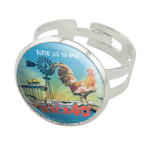 Back 40 Barn Keepin' It Rural Rise and Shine Rooster Farm Farming Silver Plated Adjustable Novelty Ring