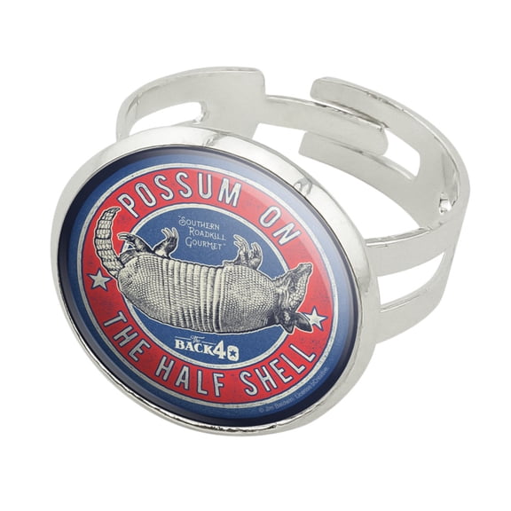 Back 40 Possum on the Half Shell Roadkill Silver Plated Adjustable Novelty Ring