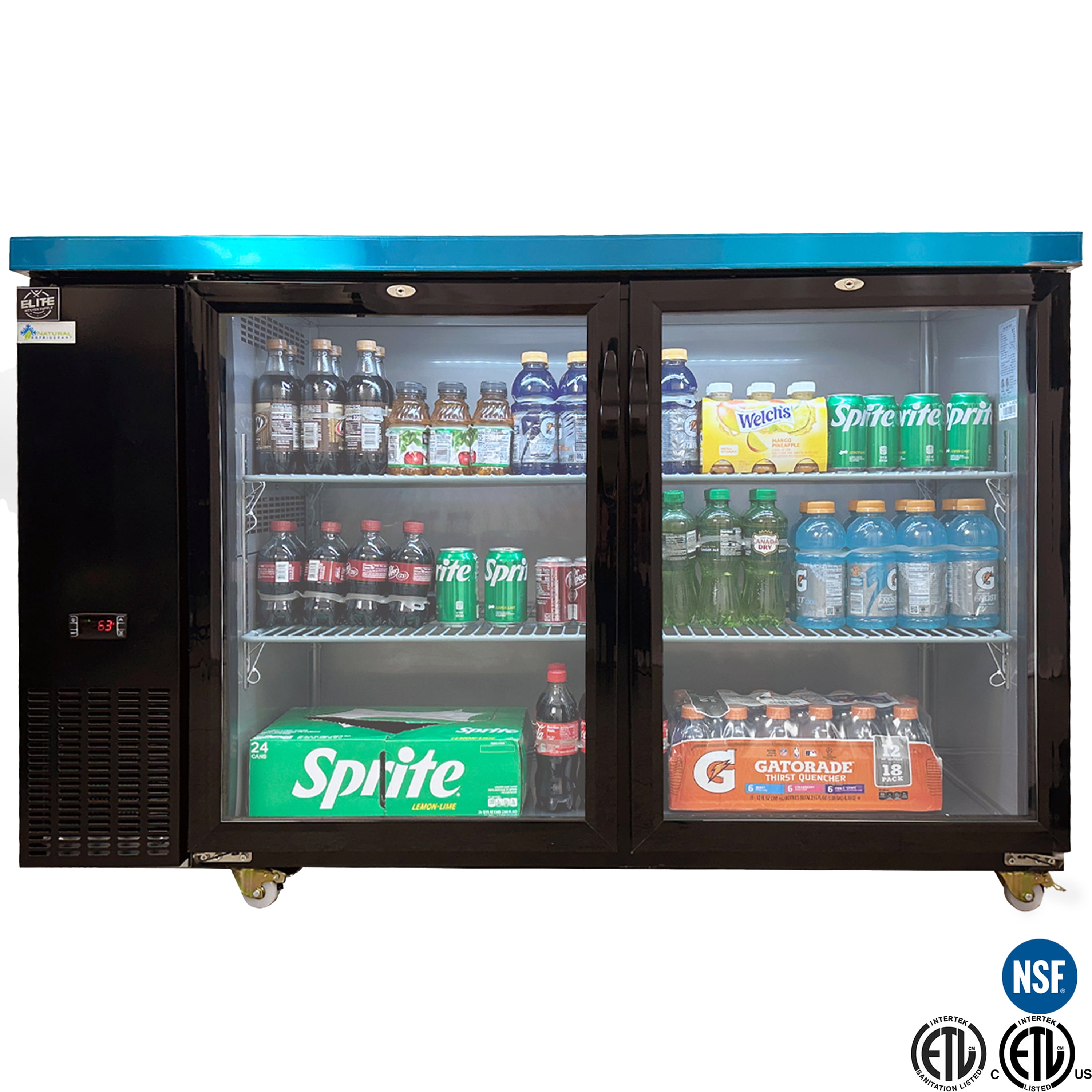 Back Bar Cooler, 57” Double Glass Door Beverage Refrigerator, 16 cu.ft., Stainless Interior, R290 Eco Refrigerant, 115V/60Hz