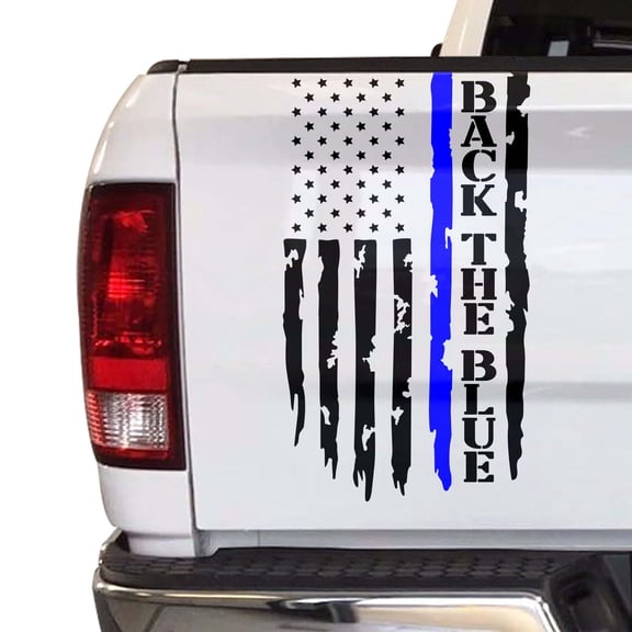 Back The Blue Distressed Thin Blue Line Flag Law Enforcement Police Officers Flag USA Sticker Truck Tailgate Vinyl Decal Compatible with most Pickup Trucks (11" x 20", Black & Blue)