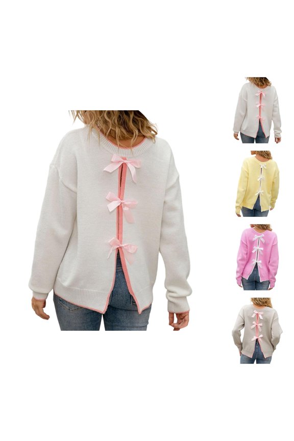 Back Bow Pullover Sweaters for Women Long Sleeve Crewneck Casual Knitted Fall Winter Tops Cute Y2k Clothes