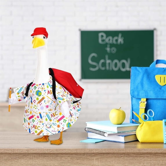 Back to Campus Porch Goose Outfit for 23 Inch Cement or Plastic Goose, ABC Print Shirt, Red Hat and Backpack, Fun Clothes for Garden Yard Outdoor Decor
