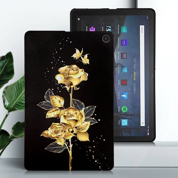 Back Case for Amazon Fire Max 11 13th Generation 2023, Soft TPU Material, Luxury Pattern Ultra Slim Lightweight Heat Dissipation Drop Protective Tablet Case with Stylus Holder - Gold Butterfly Rose