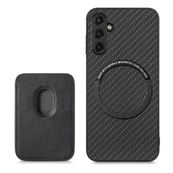 Back Case Compatible with Samsung Galaxy A15, Stylish Carbon Fiber Magsafe Detachable Card Slot Shockproof Drop Protective Ultra Slim Phone Case Cover for Samsung Galaxy A15, Black