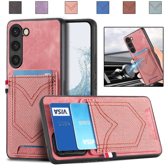 Back Case Compatible with Samsung Galaxy S21, Classic Card Slot Back Anti-Scratch Support Magnetic Car Mount PU Leather + Denim + TPU Phone Case Cover for Samsung Galaxy S21, Pink