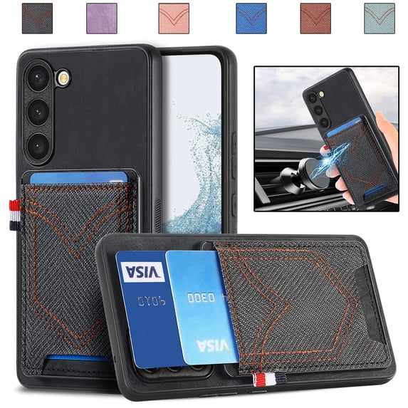 Back Case Compatible with Samsung Galaxy S21 Ultra, Classic Card Slot Back Anti-Scratch Support Magnetic Car Mount PU Leather + Denim + TPU Phone Case Cover for Samsung Galaxy S21 Ultra, Black