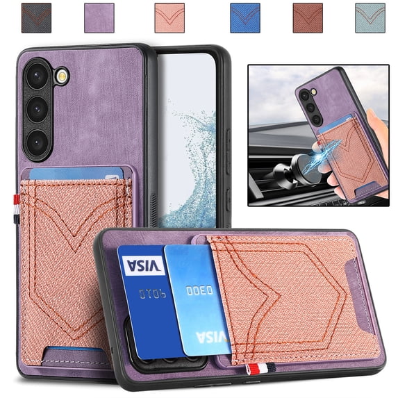 Back Case Compatible with Samsung Galaxy S21 Ultra, Classic Card Slot Back Anti-Scratch Support Magnetic Car Mount PU Leather + Denim + TPU Phone Case Cover for Samsung Galaxy S21 Ultra, Purple