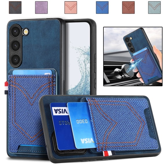 Back Case Compatible with Samsung Galaxy S21 Ultra, Classic Card Slot Back Anti-Scratch Support Magnetic Car Mount PU Leather + Denim + TPU Phone Case Cover for Samsung Galaxy S21 Ultra, Blue
