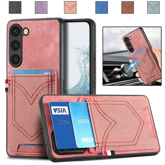 Back Case Compatible with Samsung Galaxy S23 Ultra, Classic Card Slot Back Anti-Scratch Support Magnetic Car Mount PU Leather + Denim + TPU Phone Case Cover for Samsung Galaxy S23 Ultra, Pink