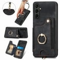 thumbnail image 1 of Back Case Compatible with Samsung Galaxy S24 FE, Adjustable Ring Holder PU Leather Card Slots Wrist Strap Support Magnetic Car Mount RFID Blocking Phone Case Cover for Samsung Galaxy S24 FE, Black, 1 of 12