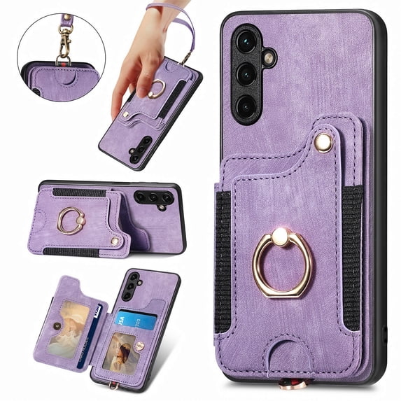 Back Case Compatible with Samsung Galaxy S24 FE, Adjustable Ring Holder PU Leather Card Slots Wrist Strap Support Magnetic Car Mount RFID Blocking Phone Case Cover for Samsung Galaxy S24 FE, Purple