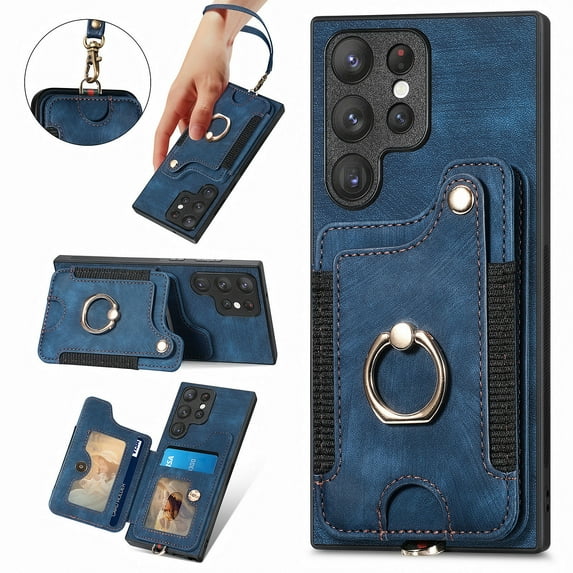 Back Case Compatible with Samsung Galaxy S25 Ultra, Adjustable Ring Holder PU Leather Card Slots Wrist Strap Support Magnetic Car Mount RFID Blocking Phone Case Cover for Galaxy S25 Ultra, Blue