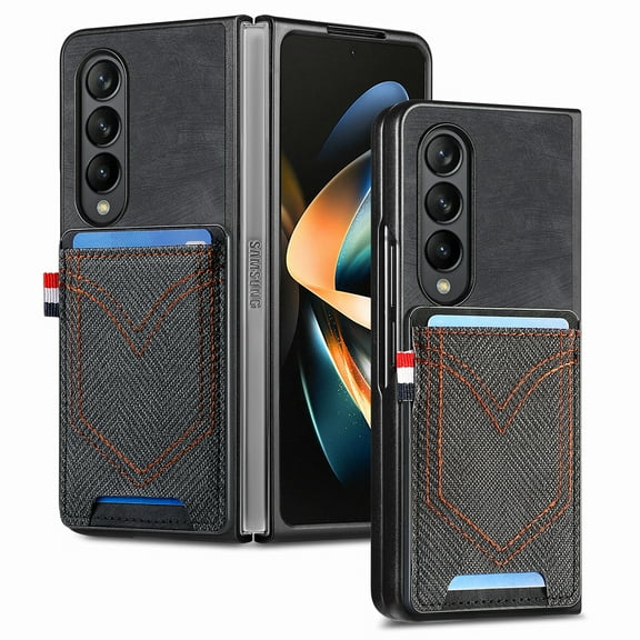 Back Case Compatible with Samsung Galaxy Z Fold 3, Classic Card Slot Back Anti-Scratch Support Magnetic Car Mount PU Leather + Denim + TPU Phone Case Cover for Samsung Galaxy Z Fold 3, Black