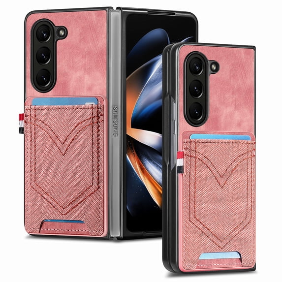 Back Case Compatible with Samsung Galaxy Z Fold 6, Classic Card Slot Back Anti-Scratch Support Magnetic Car Mount PU Leather + Denim + TPU Phone Case Cover for Samsung Galaxy Z Fold 6, Pink
