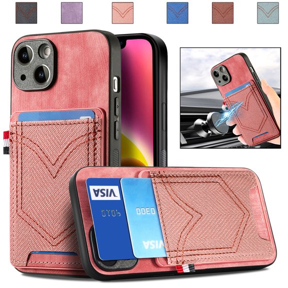 Back Case Compatible with iPhone 11, Classic Card Slot Back Anti-Scratch Support Magnetic Car Mount PU Leather + Denim + TPU Phone Case Cover for iPhone 11, Pink