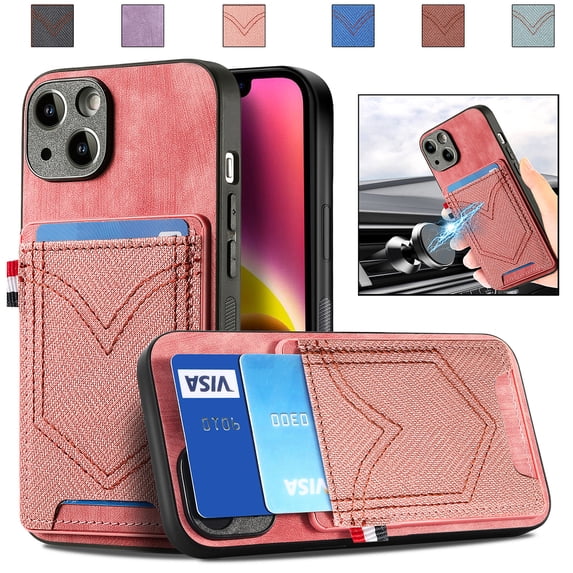 Back Case Compatible with iPhone 13 Pro Max, Classic Card Slot Back Anti-Scratch Support Magnetic Car Mount PU Leather + Denim + TPU Phone Case Cover for iPhone 13 Pro Max, Pink
