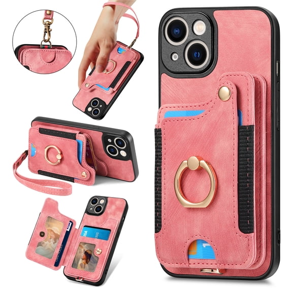 Back Case Compatible with iPhone 14 Plus, Adjustable Ring Holder PU Leather Card Slots Wrist Strap Support Magnetic Car Mount RFID Blocking Phone Case Cover for iPhone 14 Plus, Pink