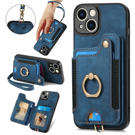 Back Case Compatible with iPhone 14 Plus, Adjustable Ring Holder PU Leather Card Slots Wrist Strap Support Magnetic Car Mount RFID Blocking Phone Case Cover for iPhone 14 Plus, Blue