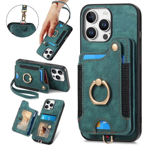 Back Case Compatible with iPhone 14 Pro Max, Adjustable Ring Holder PU Leather Card Slots Wrist Strap Support Magnetic Car Mount RFID Blocking Phone Case Cover for iPhone 14 Pro Max, Green