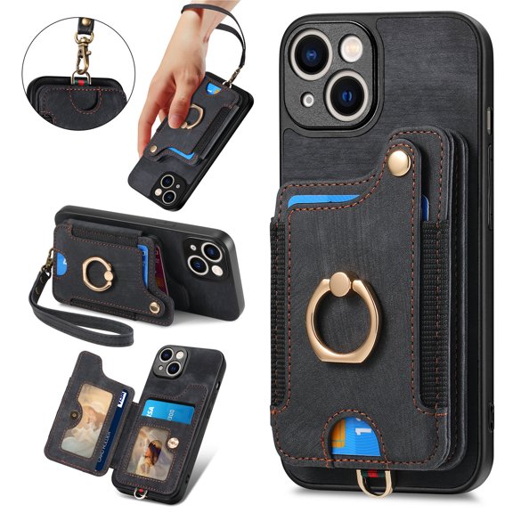 Back Case Compatible with iPhone 15 Plus, Adjustable Ring Holder PU Leather Card Slots Wrist Strap Support Magnetic Car Mount RFID Blocking Phone Case Cover for iPhone 15 Plus, Black