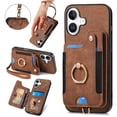 thumbnail image 1 of Back Case Compatible with iPhone 16 Plus, Adjustable Ring Holder PU Leather Card Slots Wrist Strap Support Magnetic Car Mount RFID Blocking Phone Case Cover for iPhone 16 Plus, Brown, 1 of 12