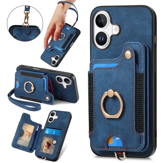 Back Case Compatible with iPhone 16 Plus, Adjustable Ring Holder PU Leather Card Slots Wrist Strap Support Magnetic Car Mount RFID Blocking Phone Case Cover for iPhone 16 Plus, Blue