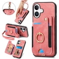 thumbnail image 1 of Back Case Compatible with iPhone 16 Plus, Adjustable Ring Holder PU Leather Card Slots Wrist Strap Support Magnetic Car Mount RFID Blocking Phone Case Cover for iPhone 16 Plus, Pink, 1 of 1