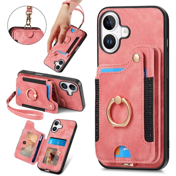 Back Case Compatible with iPhone 16 Plus, Adjustable Ring Holder PU Leather Card Slots Wrist Strap Support Magnetic Car Mount RFID Blocking Phone Case Cover for iPhone 16 Plus, Pink