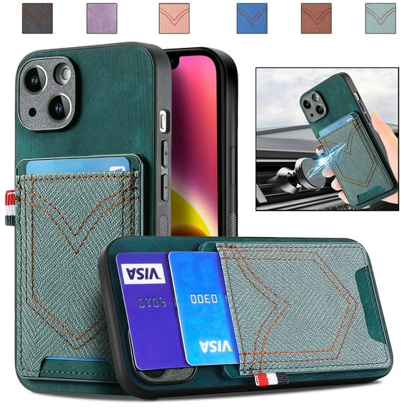 Back Case Compatible with iPhone 16 Plus, Classic Card Slot Back Anti-Scratch Support Magnetic Car Mount PU Leather + Denim + TPU Phone Case Cover for iPhone 16 Plus, Green