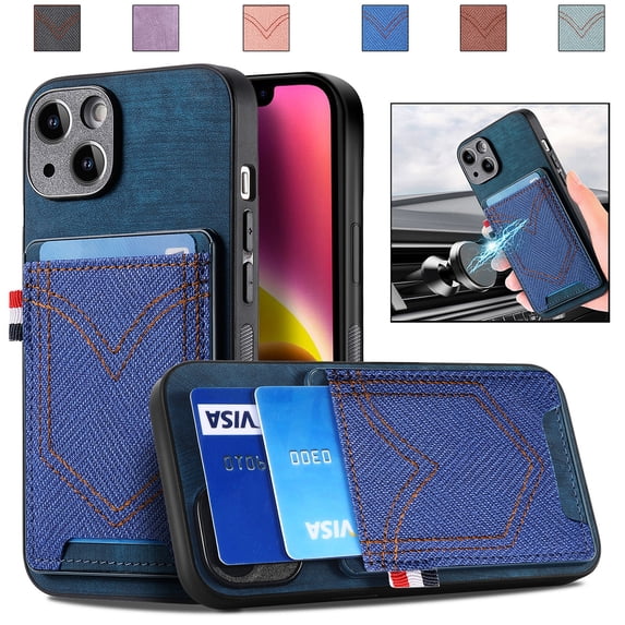 Back Case Compatible with iPhone 16 Plus, Classic Card Slot Back Anti-Scratch Support Magnetic Car Mount PU Leather + Denim + TPU Phone Case Cover for iPhone 16 Plus, Blue