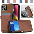 thumbnail image 1 of Back Case Compatible with iPhone 16 Plus, Classic Card Slot Back Anti-Scratch Support Magnetic Car Mount PU Leather + Denim + TPU Phone Case Cover for iPhone 16 Plus, Brown, 1 of 9