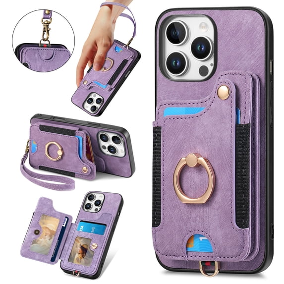 Back Case Compatible with iPhone 16 Pro Max, Adjustable Ring Holder PU Leather Card Slots Wrist Strap Support Magnetic Car Mount RFID Blocking Phone Case Cover for iPhone 16 Pro Max, Purple