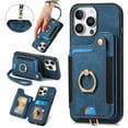 thumbnail image 1 of Back Case Compatible with iPhone 16 Pro Max, Adjustable Ring Holder PU Leather Card Slots Wrist Strap Support Magnetic Car Mount RFID Blocking Phone Case Cover for iPhone 16 Pro Max, Blue, 1 of 13