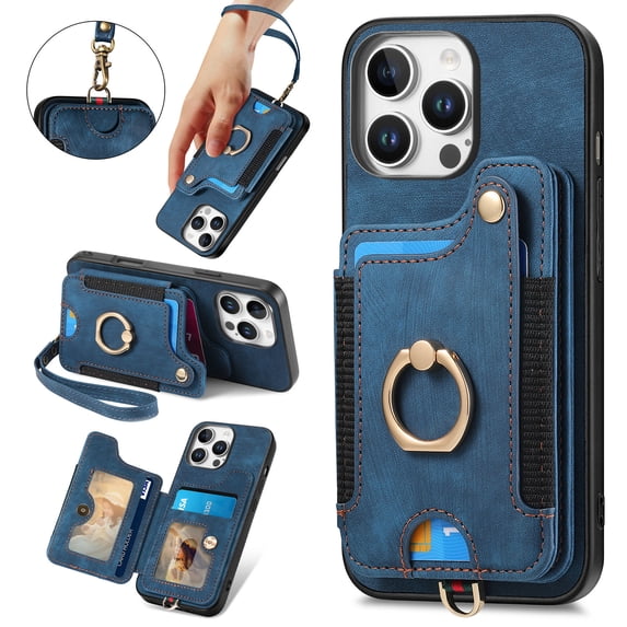 Back Case Compatible with iPhone 16 Pro Max, Adjustable Ring Holder PU Leather Card Slots Wrist Strap Support Magnetic Car Mount RFID Blocking Phone Case Cover for iPhone 16 Pro Max, Blue