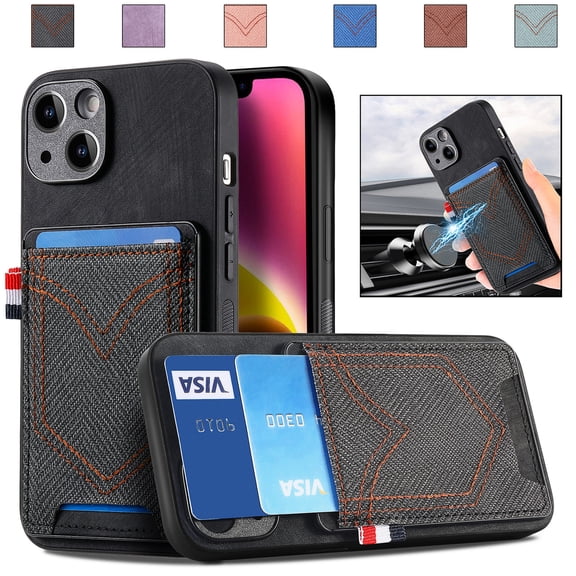 Back Case Compatible with iPhone X/XS, Classic Card Slot Back Anti-Scratch Support Magnetic Car Mount PU Leather + Denim + TPU Phone Case Cover for iPhone X/XS, Black