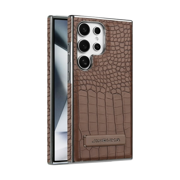 Back Case for Samsung Galaxy S24, Crocodile Texture PU Leather + Plating Frame, Hidden Adjustable Kickstand, Support Magnetic Car Mount, Drop Protective Phone Cover for S24, Coffee